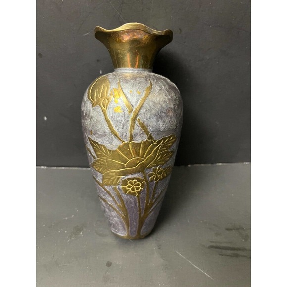 Vintage Penco Industries Iris Floral Bud Purple Enameled Brass Vase India - Picture 1 of 7